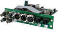 Green circuit board with six BNC connectors, three XLR connectors, two 1/4 inch TRS jacks, and a ribbon cable connector