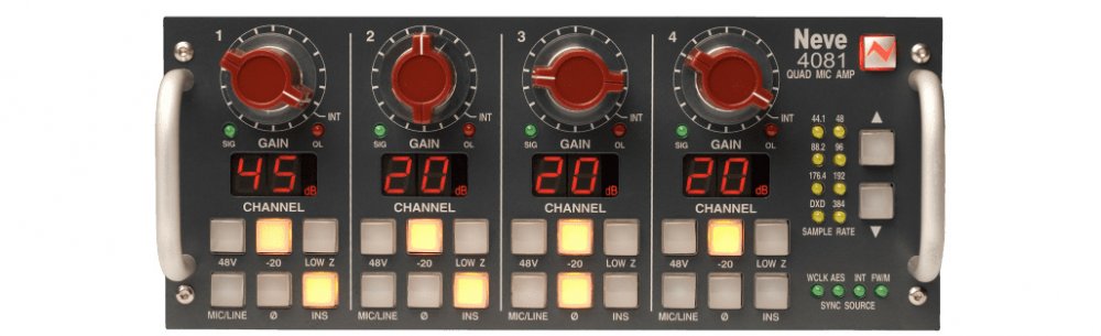 Front view of a Neve 4081 quad microphone amplifier with four gain knobs and multiple indicator lights.