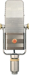 Silver and gold vintage-style microphone with AEA logo and side thumbscrews for adjustment.