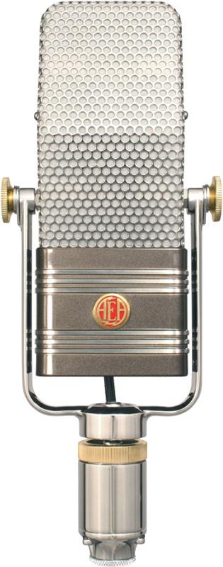 Silver and gold vintage-style microphone with AEA logo and side thumbscrews for adjustment.