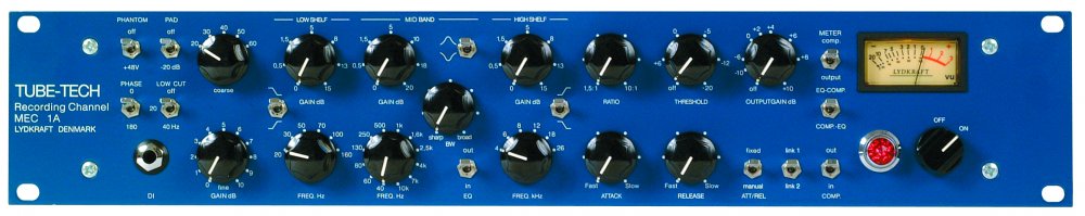 Blue TUBE-TECH MEC 1A recording channel unit with multiple black knobs, switches, and a VU meter on front panel.