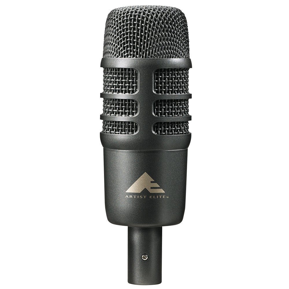 Front view of a black metal microphone with a mesh grille and the logo Artist Elite on the body.