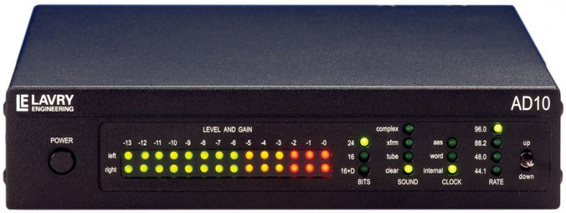 Front view of a black Lavry Engineering AD10 audio converter with LED level meters and control buttons.