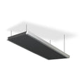 Rectangular black acoustic panel with silver edges suspended from the ceiling by four thin cables.