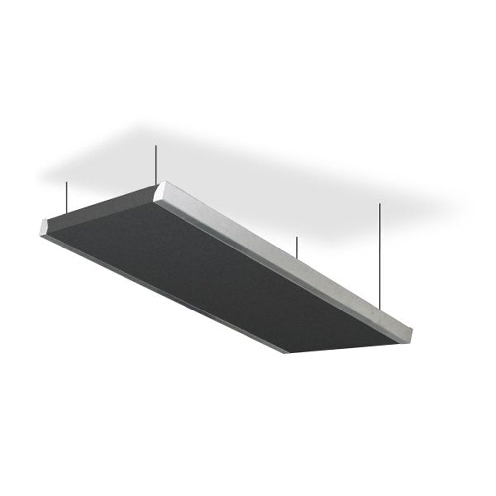 Rectangular black acoustic panel with silver edges suspended from the ceiling by four thin cables.
