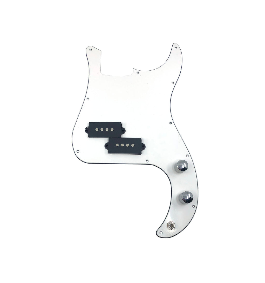 White guitar pickguard with two black pickups, two silver knobs, and a jack socket.