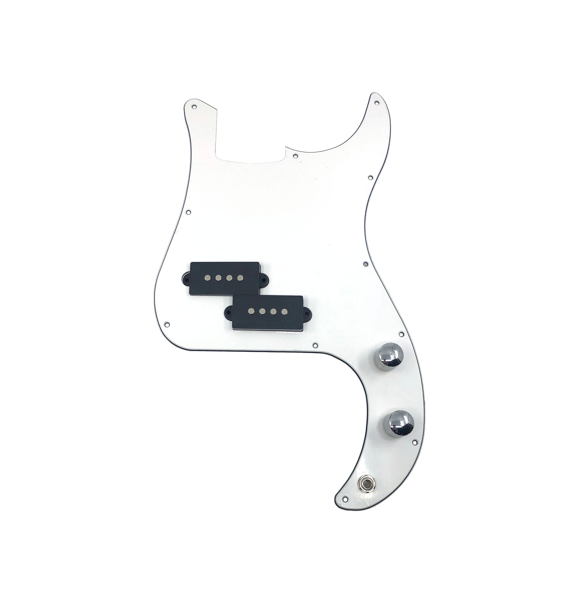 White guitar pickguard with two black pickups, two silver knobs, and a jack socket.