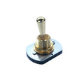 Gold toggle switch with a silver base and black bottom isolated on a white background.