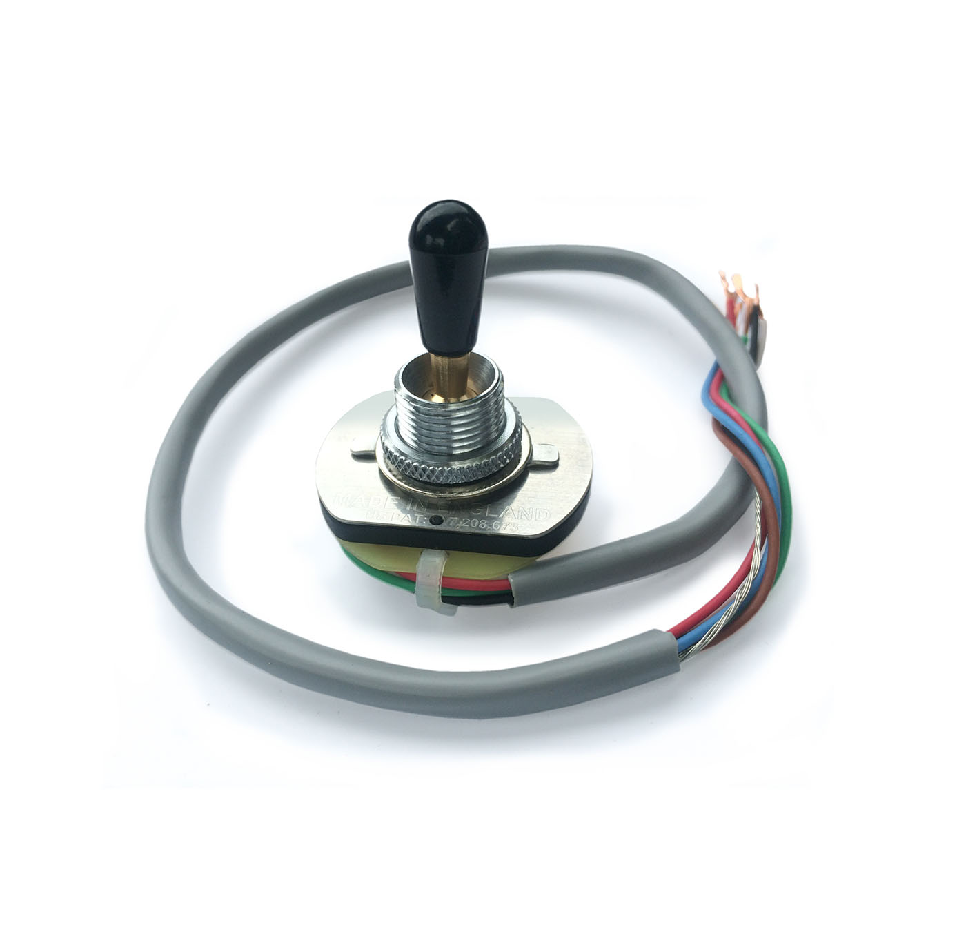 Toggle switch with a black lever mounted on a metal base and attached to a gray cable with multiple colored wires at the end.