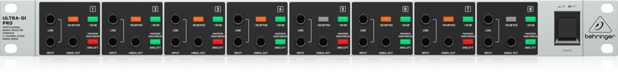 DI800 Professional Mains/Phantom Powered 8-Channel DI Box