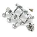 Two sets of three chrome guitar tuning pegs with bean-shaped knobs, mounting screws, and bushings.