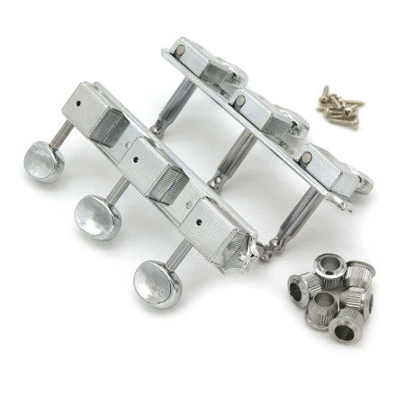 Two sets of three chrome guitar tuning pegs with bean-shaped knobs, mounting screws, and bushings.
