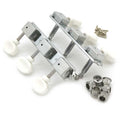 Chrome guitar tuning peg assembly with white buttons, screws, and bushings on a white background.
