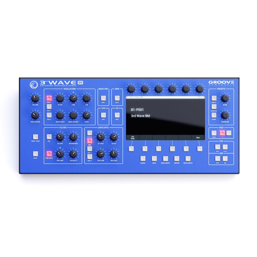 Top view of blue Groove Synthesis 3rd Wave 8M synthesizer panel with knobs, buttons, and display.