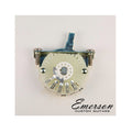 Metal lever switch with terminal lugs mounted on a light background with Emerson Custom Guitars branding.