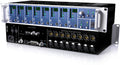 Rackmount audio interface unit with multiple channels shows meters, knobs, XLR inputs and outputs, MIDI and digital connectors.