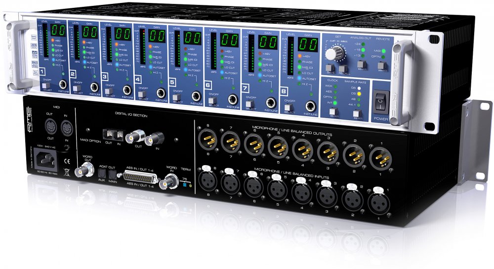 Rackmount audio interface unit with multiple channels shows meters, knobs, XLR inputs and outputs, MIDI and digital connectors.