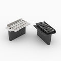 Two synchronized tremolo guitar bridges, one silver and one black, each with six screws and individual string saddles.