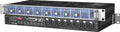 Black rackmount audio interface with eight combo microphone/line inputs, multiple control knobs, and various output connectors.