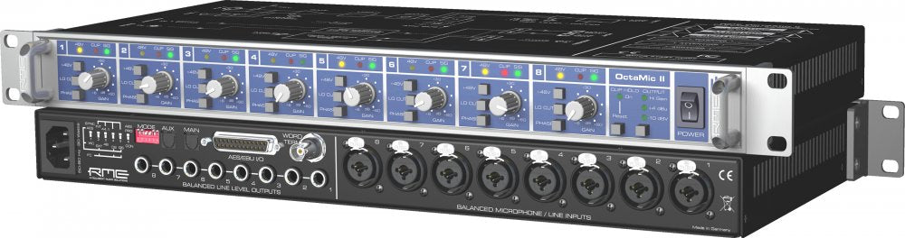 Black rackmount audio interface with eight combo microphone/line inputs, multiple control knobs, and various output connectors.