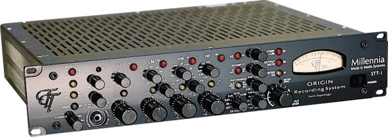 Front angled view of a Millennia STT-1 preamp/DI with multiple knobs, switches, a meter, and a 1/4 inch input jack.