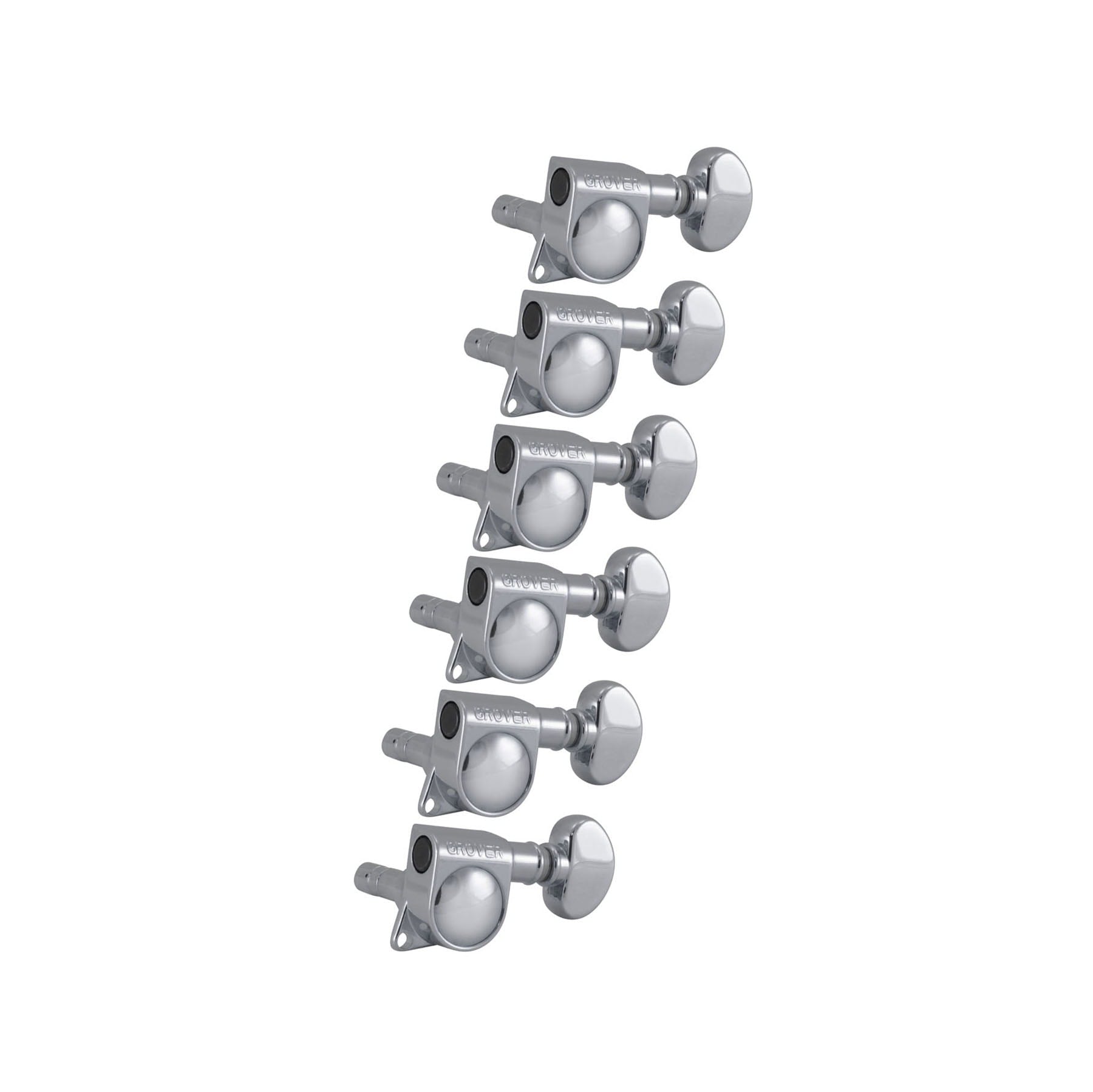 Set of six chrome guitar machine heads with kidney-style tuning pegs arranged in a vertical line.