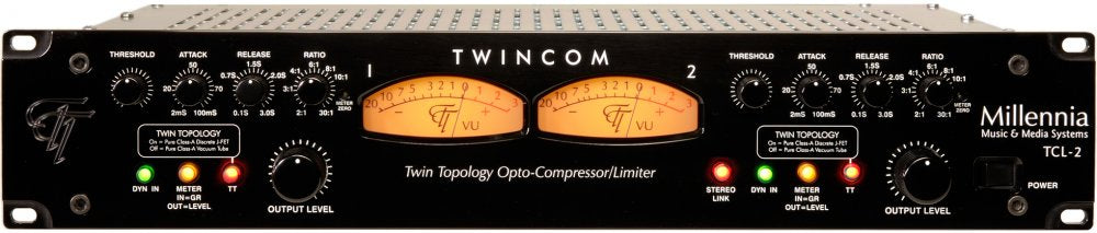 Front panel of a Millennia Twincom TCL-2 stereo opto-compressor/limiter with knobs, meters, and indicator lights.