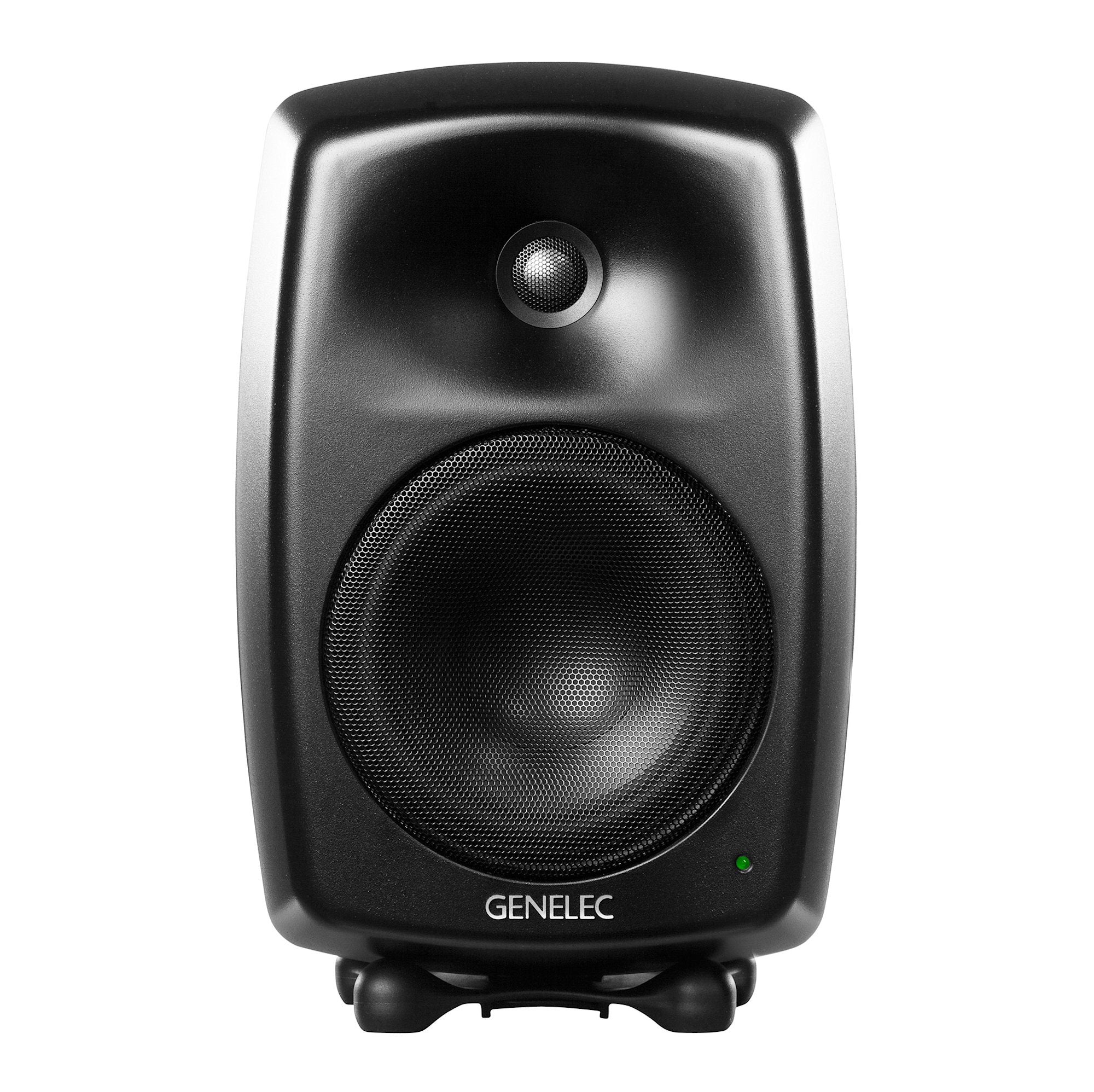 Front view of a black Genelec studio monitor speaker with a metal mesh woofer and tweeter.