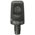 Front view of a black Audio-Technica microphone with a metal grille and circular connector at the bottom.