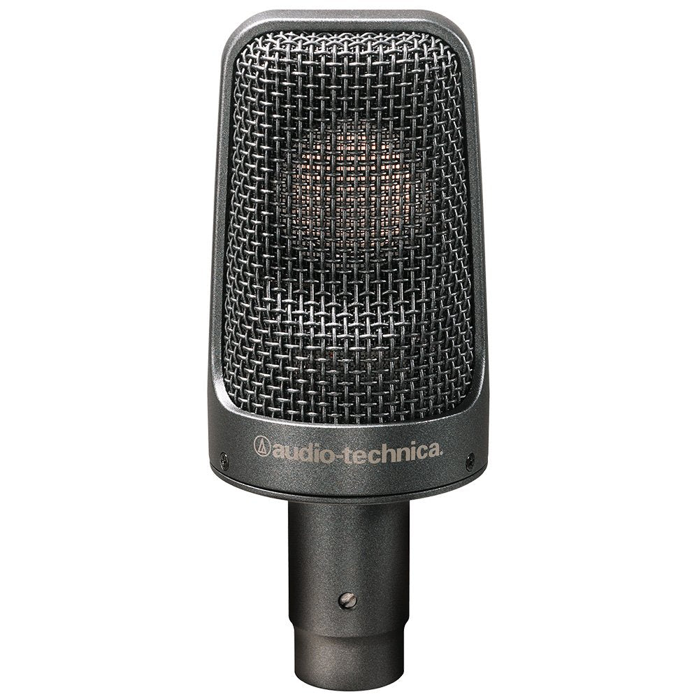 Front view of a black Audio-Technica microphone with a metal grille and circular connector at the bottom.