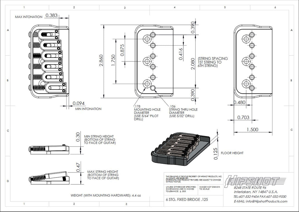 Hipshot 41060C 6 String Fixed Guitar Bridge