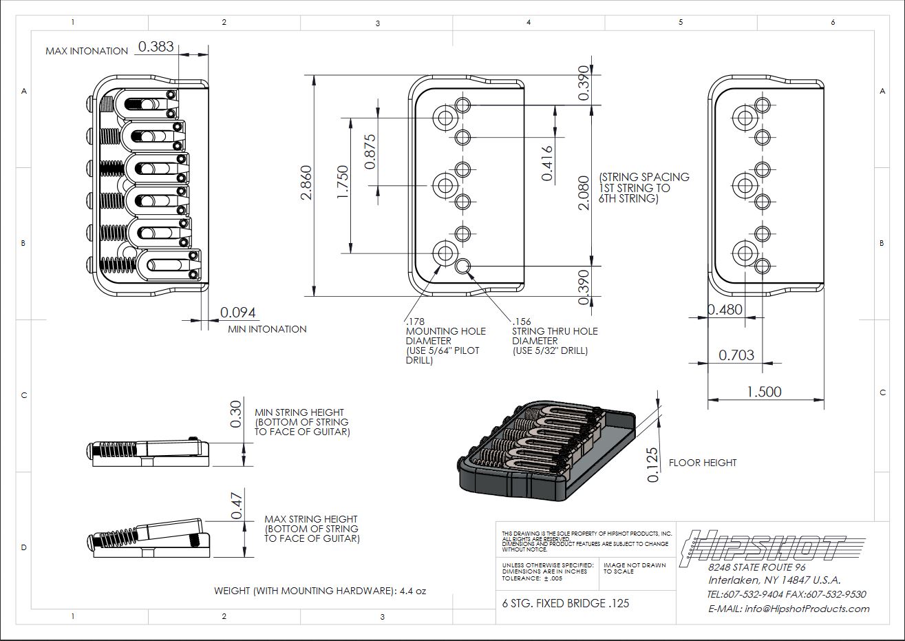 Hipshot 41060C 6 String Fixed Guitar Bridge