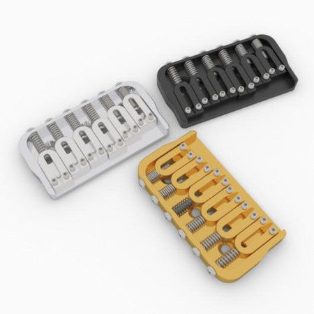Three metal 6-string fixed guitar bridges in silver, black, and gold colors are displayed on a white background.