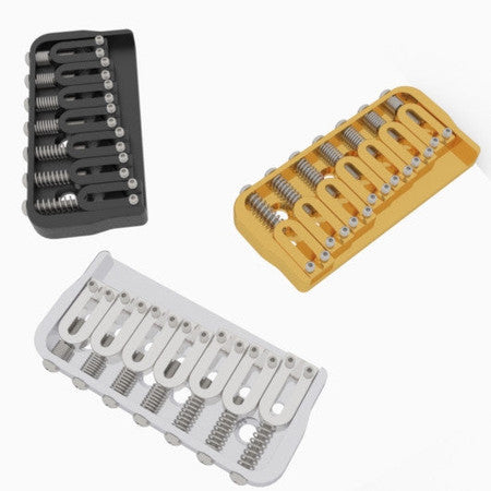 Three 7-string fixed guitar bridges in black, gold, and silver finish displayed on a white background.