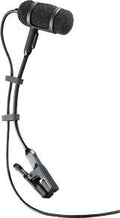 Black microphone with clip and connected cable on a white background.