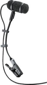 Black microphone with clip and connected cable on a white background.
