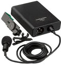 Black wired lavalier microphone with foam windscreen, clip, and rectangular body unit with connector.