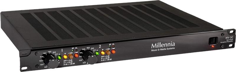 Black rackmount audio device with knobs, indicator lights, and a power switch on front panel