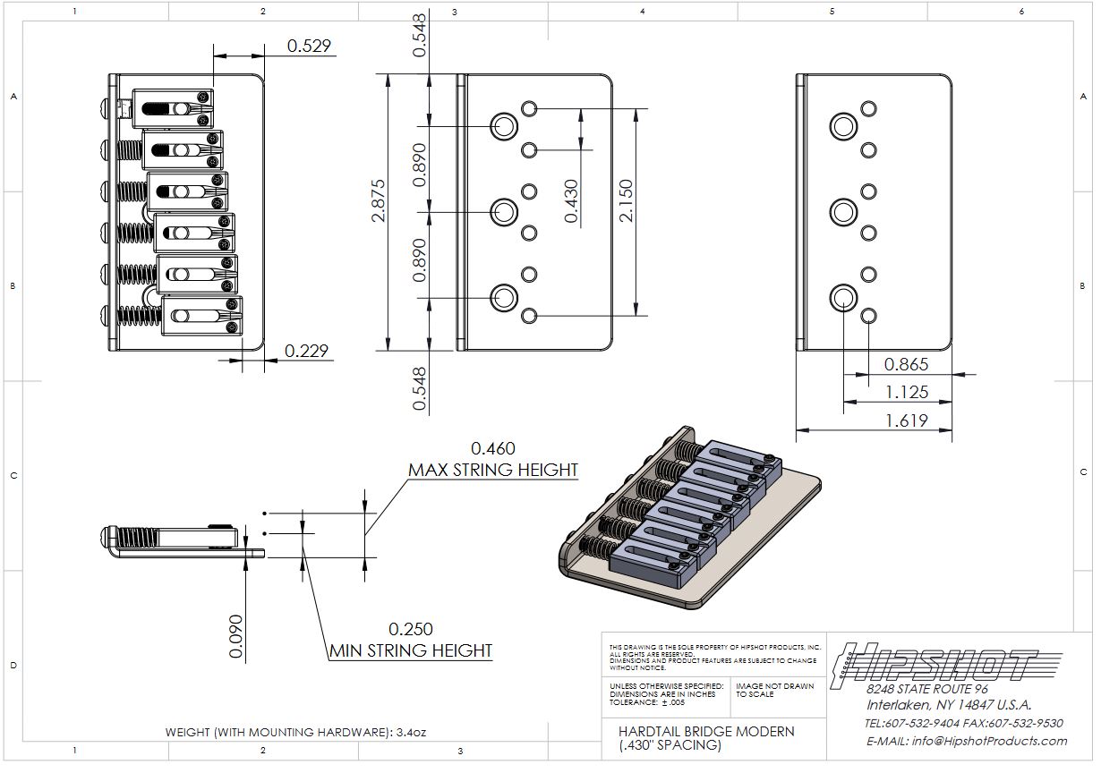 Hipshot 41200B-430 6 String Hardtail Guitar Bridge