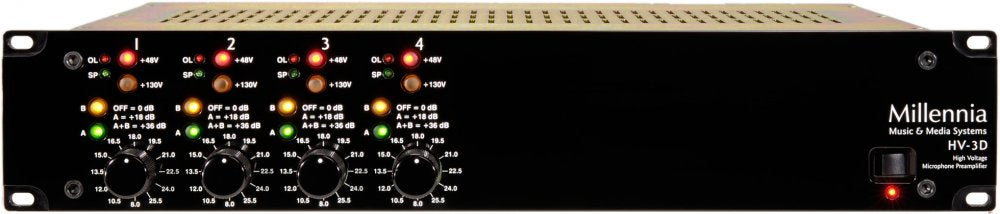 Front panel of a Millennia HV-3D high voltage microphone preamplifier with four control sections and indicator lights.