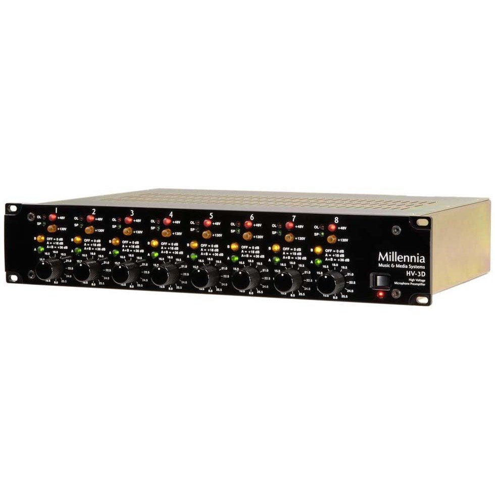 Front angled view of a Millennia HV-3D high voltage microphone preamplifier unit with eight channels and multiple control knobs and indicator lights.