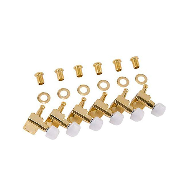 Set of six gold-colored guitar tuning machines with white pearl-style buttons and matching hardware.