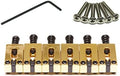 Set of six gold guitar saddles with screws and a black hex key on a white background.