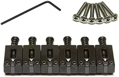 Six black metal guitar saddles with screws and a hex key wrench for adjustment.