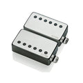 Two brushed chrome guitar pickups with black pole pieces and EMG logo on each pickup.