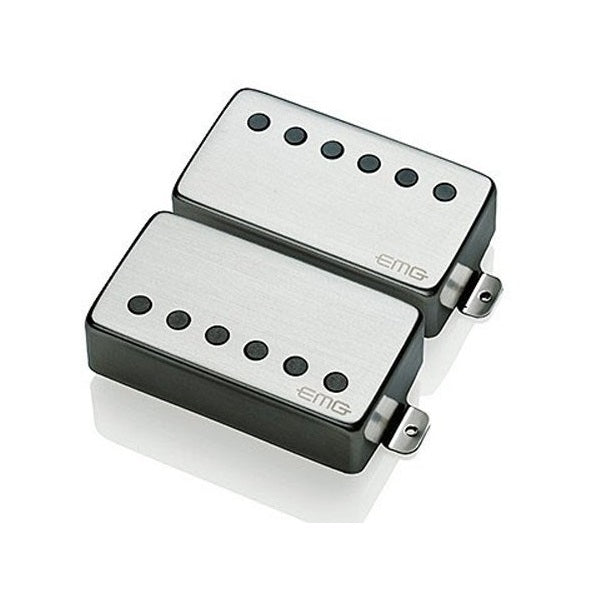 Two brushed chrome guitar pickups with black pole pieces and EMG logo on each pickup.
