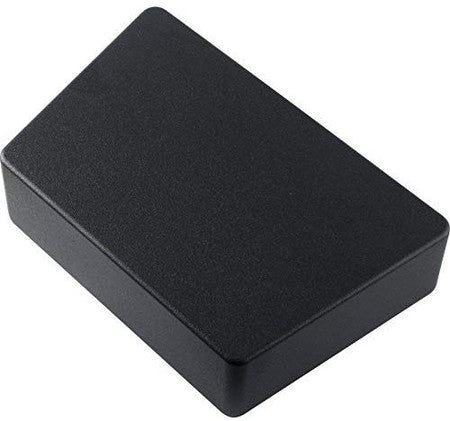 Black rectangular metal enclosure with rounded edges shown at an angled perspective.