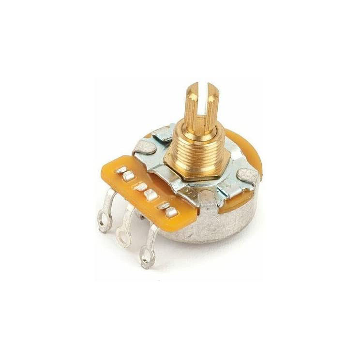 Metal rotary potentiometer with three solder lugs and a gold split shaft on top