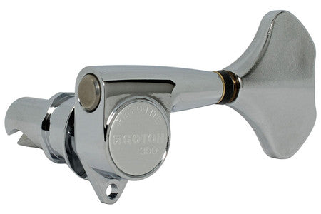 Chrome metal bass guitar tuning machine head with GOTOH 350 engraving on the side.