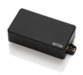 Black rectangular EMG guitar pickup with white branding and two gold screw holes on one side.